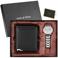 mens wallet watch gift set with box stainless steel business quartz silver black watches for man classic minimalist wallets