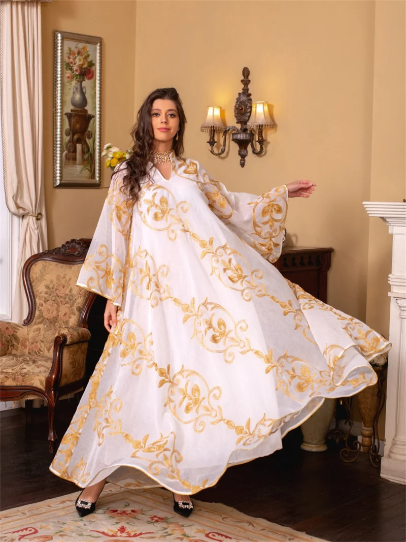 Muslim Woman Abaya Turkey New 2023 Floral Mesh Embroidery Belted Kaftan Big Hem Dress Ramadan Jalabiya