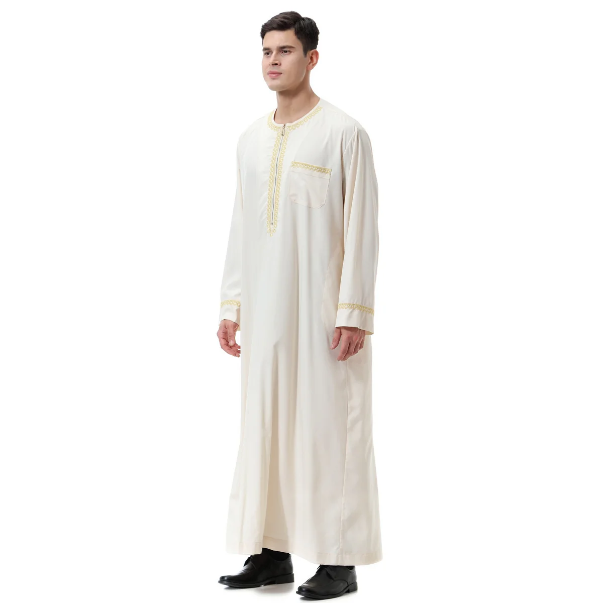 Men's Printed Zip Round Neck Gown Muslim Robe Long Sleeve Solid Color Casual Fashion Pakistan Saudi Arabia Men's Middle East