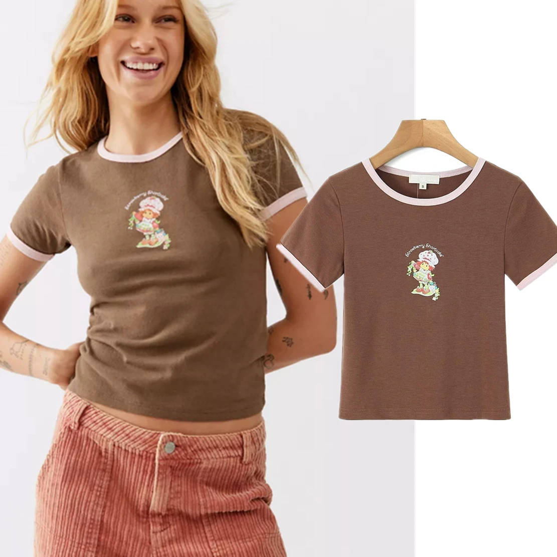 

Elmsk For 2023 Cartoon Printing High Street Vintage Round Neck Tops Cotton Summer Tshirts Women