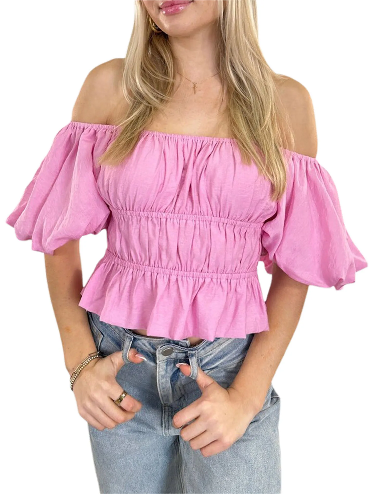 

Женские топы с коротким пышным рукавом, Летние Плиссированные однотонные элегантные модные футболки с открытыми плечами и оборками, Короткие топы (белые S)