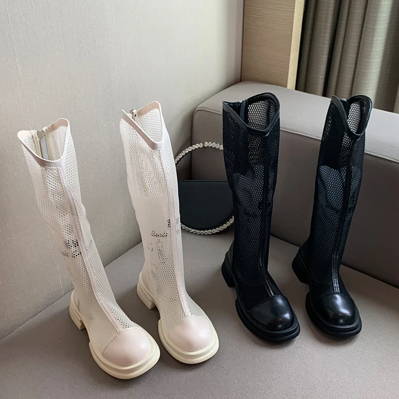 

Женские высокие сапоги Челси, повседневные сетчатые сапоги до колена, на молнии, с низким каблуком, в западном стиле, лето 2022