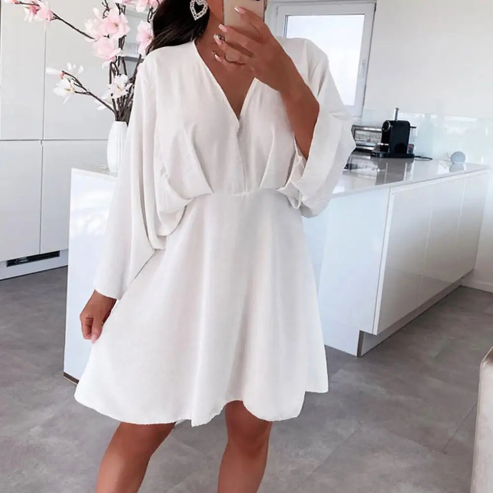 

Solid Color Batwing Long Sleeve Mini Dress V Neck Waist Tight Irregular Flowy Hem Summer Dress Sexy High-Waist Short Dress
