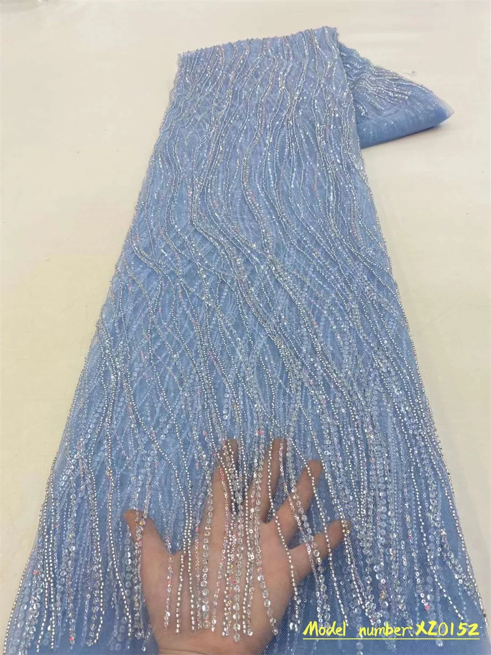

Тяжелая небесно-голубая блестящая кружевная ткань с бусинами Блестки для свадебного платья роскошное вечернее платье французское кружево ...