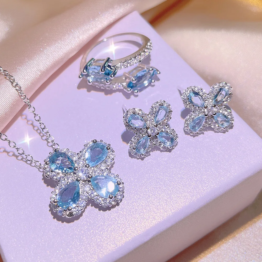 

New Japanese And Korean Floral Plants Inlaid With Light Aquamarine Zirconia Clover Three Sets Of 925 Stamp Party Wedding Gift