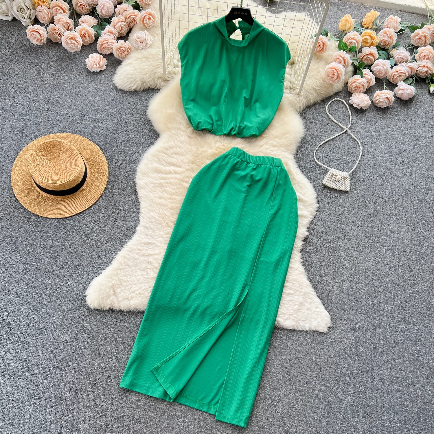 

Korean Style Temperament Fashion Suit Skirt Women Sleeveless High Collar Backless Shirt Two-piece High Waist Slim Slit Skirt