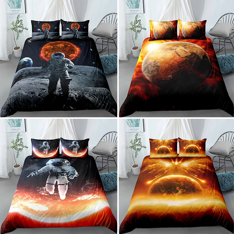

Juego de cama con estampado de astronauta y Luna, edredón individual de tamaño King y Planet, ropa de cama, fundas de edredón