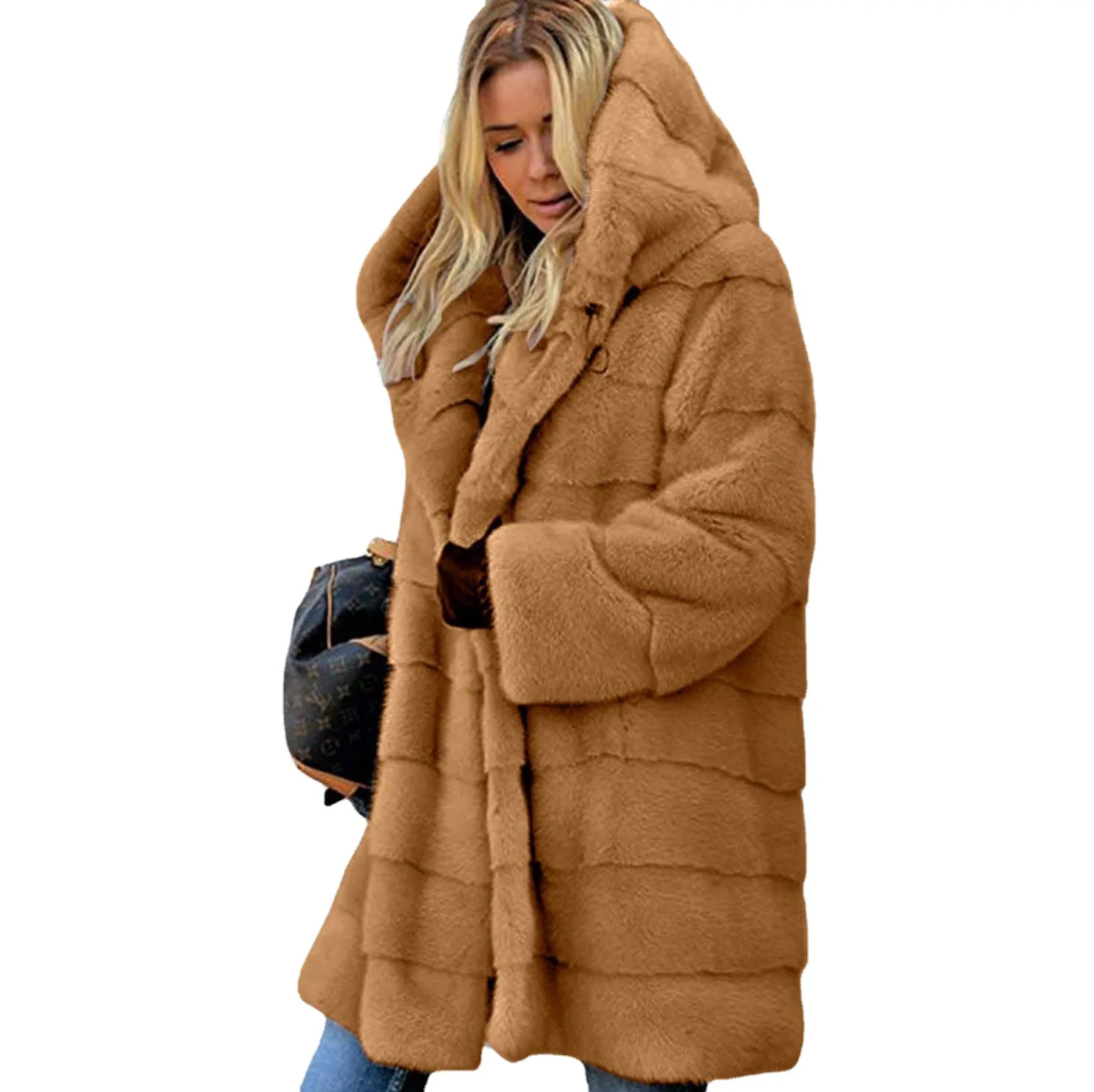 Plus Size Fur Women Coat Winter Long Sleeve Faux Fur Hooded Warm Overcoat Female Faux Fur Coat