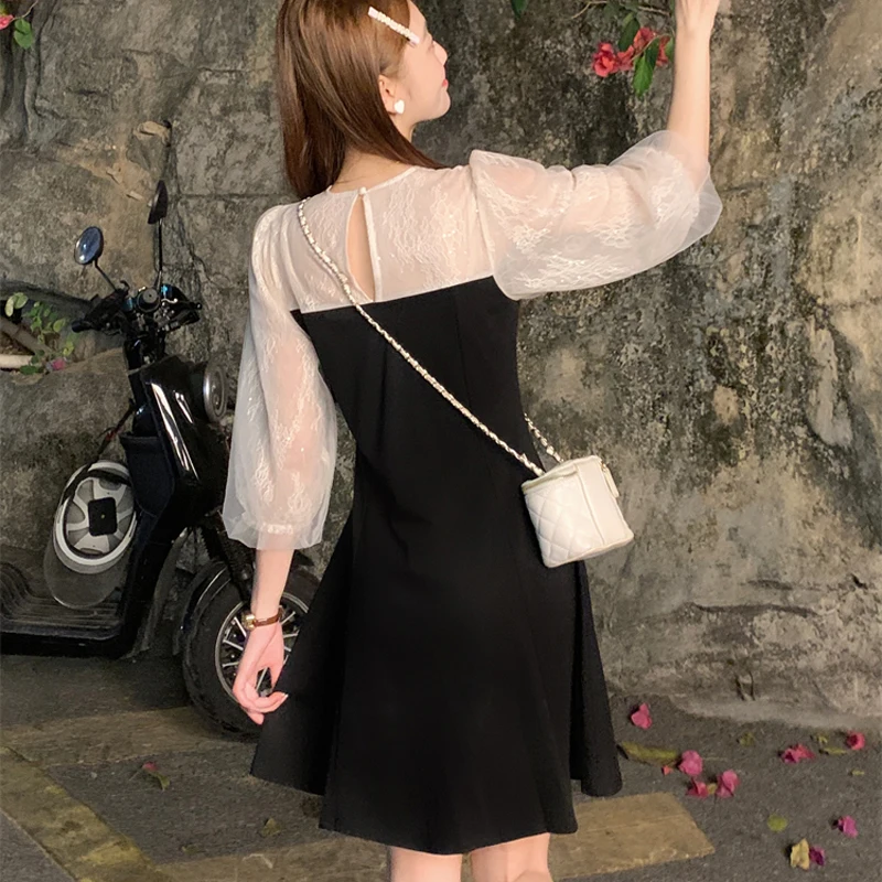 Женское кружевное платье в стиле пэчворк летнее женское элегантное черное