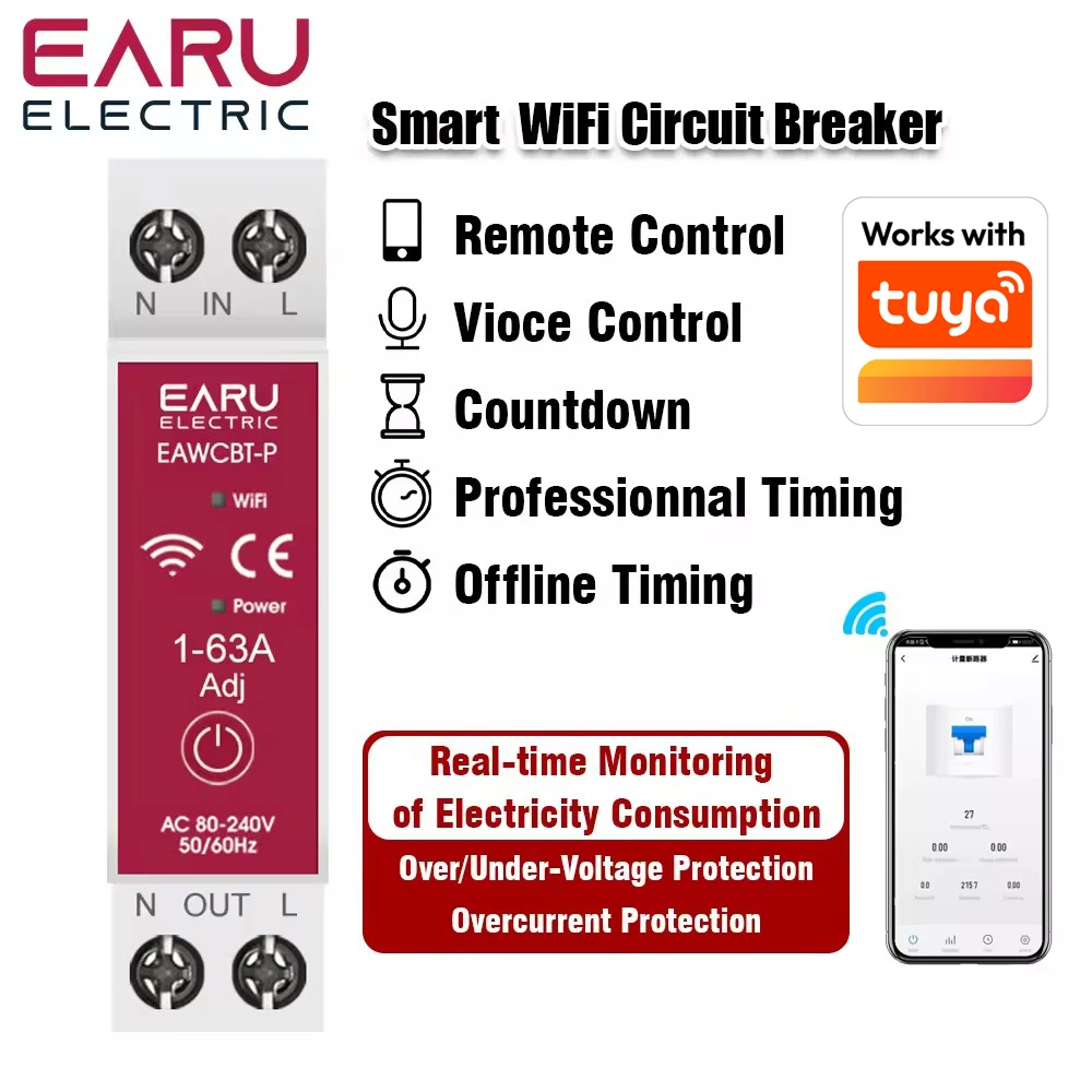 

Умный автоматический выключатель Tuya Wi-Fi EAWCBT-P MCB Таймер 1P + N 63A Мощность Энергия Напряжение Ток Защита Голосовой переключатель дистанционного управления