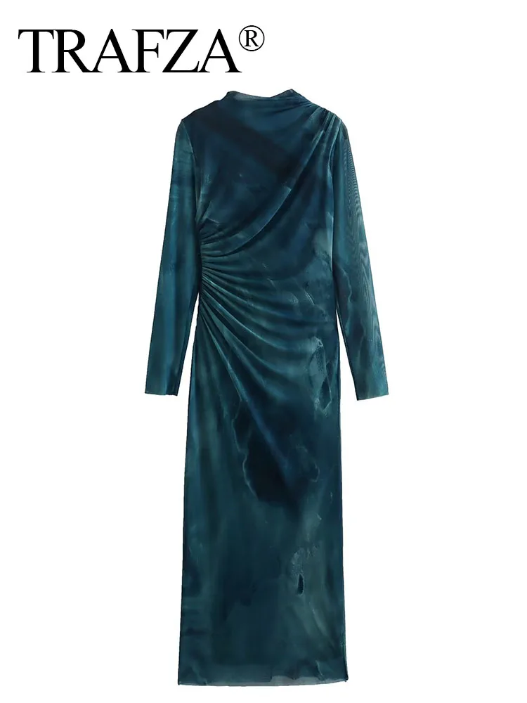 

TRAFZA Autumn Female Long Sleeve Chic Print Tulle Bodycon Slim Dress Ruched Elegant Long Dresses Midi Dress Party Dresses