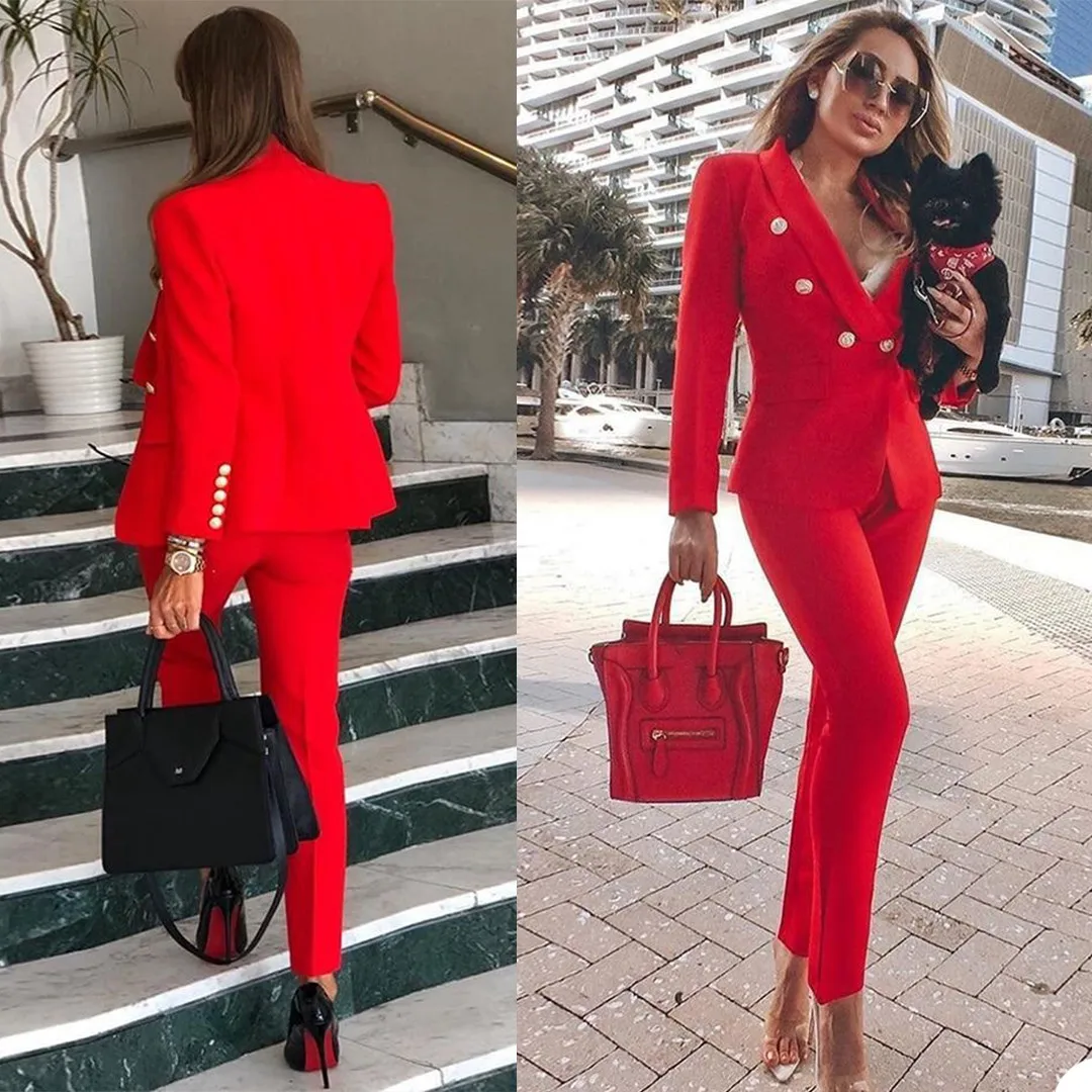 

Classic Style Women Slim Fitted Blazer Sets Business Pantsuits 2 Pieces Tailor Made Double Breasetd Jacket With Trousers