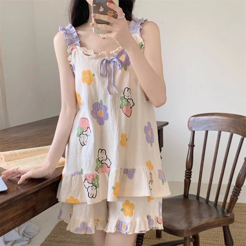 

Strawberry Rabbit Print Summer Pajamas Set Women Spaghetti Strap Camis Tops + Shorts Cotton Sleepwear Ruffles Bow Kawaii