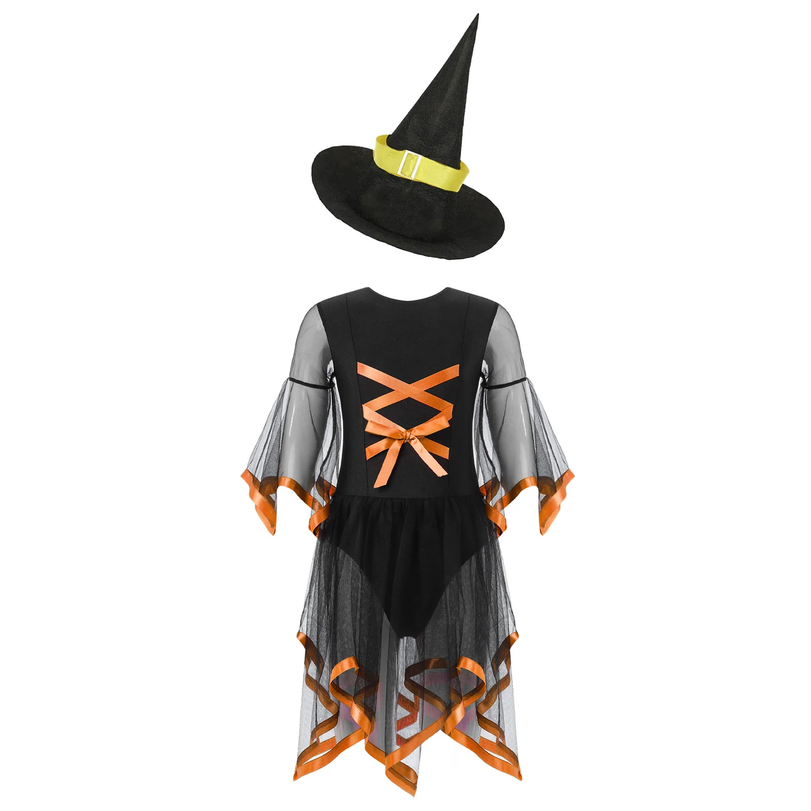 

Kids Girls Halloween Witch Cosplay Dress Flared Sleeve Mesh Dress Bodysuit and Hat Set for Dress Up Carnival Party Performance