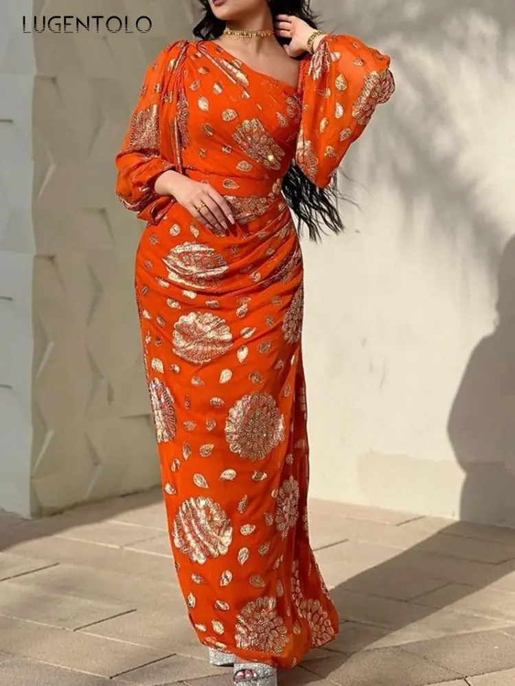 

Women Sequins Sexy Dress Chiffon Long Sleeve Dance Orange Party Lady Slim Empire Elegant Spring Summer Maxi Dresses