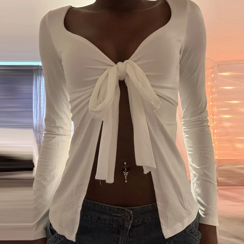 Женская винтажная блузка с V-образным вырезом и завязкой спереди