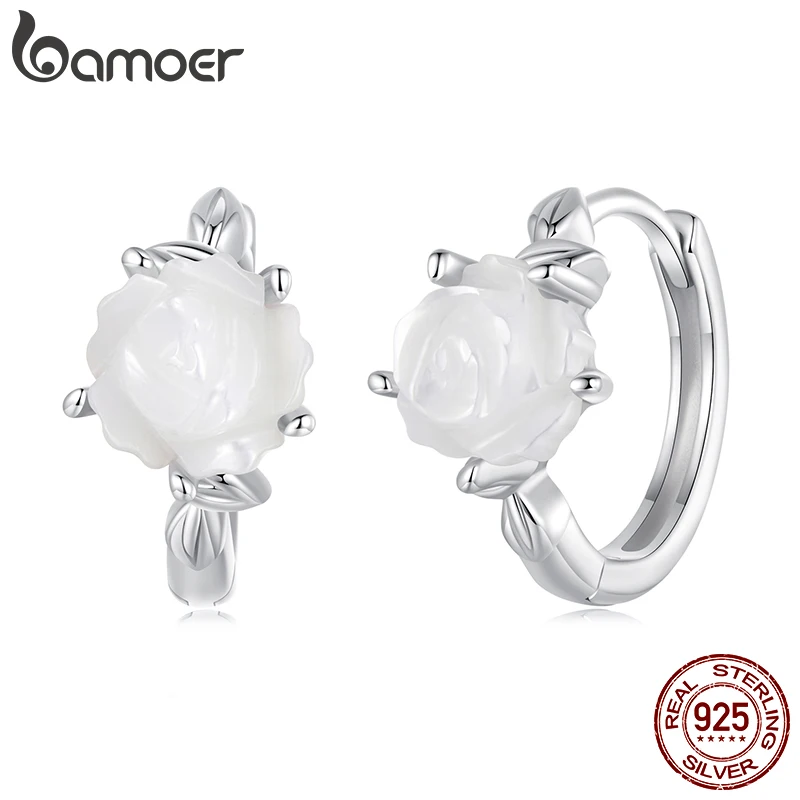 Серьги-кольца BAMOER женские гипоаллергенные инкрустированные серебром белые розы
