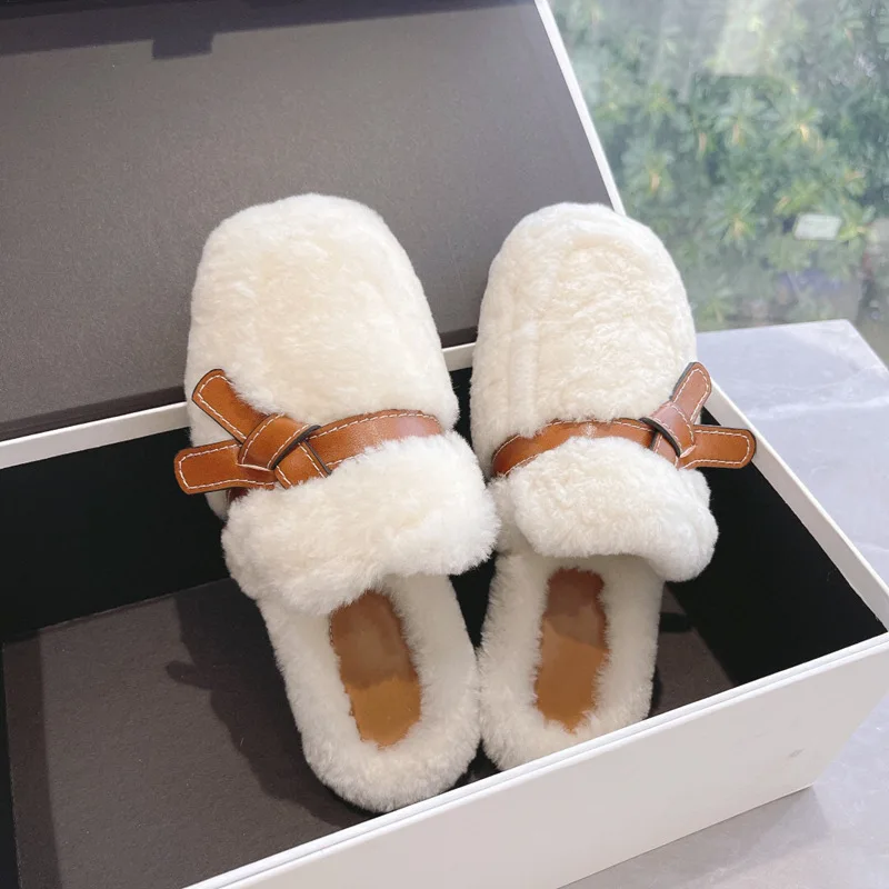 Autumn and Winter 2022 Wool Slippers Plush Fur Shoes Lamb Wool Semi Slippers Home Designer Mules Cotton Loafers Femmes Slides