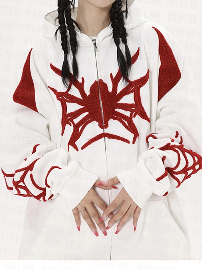 

2023 American Vintage Spider Embroidery Hoodie Zipper Coat Casual Loose Oversized Hooded Sweatshirt Harajuku Y2k Style Clothing