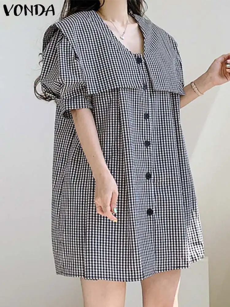 

VONDA 2022 Summer Doll Collar Mini Dress Women Puff Sleeve Button Up Plaid Bohemian Solid Loose Casual Checked Party Dresses