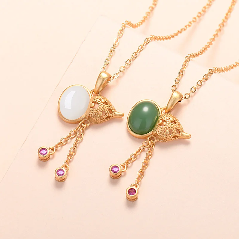 

New 2022 Designer Retro Palace Gourd White Jade Pendant Zircon Tassel Hollow Necklace