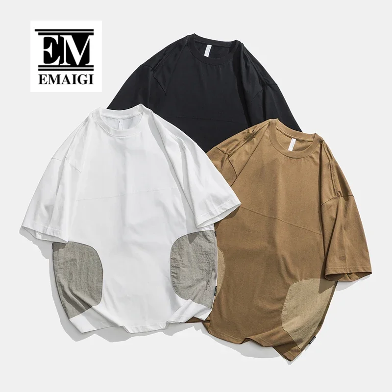 Мужская Летняя свободная футболка с коротким рукавом и карманом из хлопка 270 г