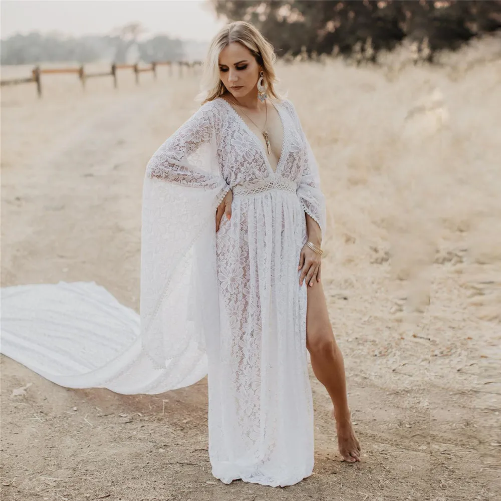 

Sexy Lace Maternity Dress Photography Prop Long Tail Deep V neck Pregnancy Maxi Gown For Baby Showers Pregnant Women Photo Shoot
