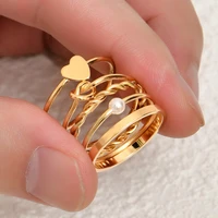 vintage 5 piece simple personality fashion pearl love heart ring set for women retro charm finger jewelry