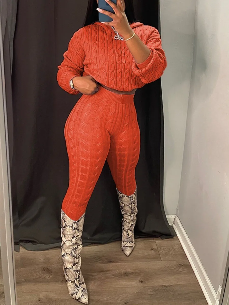 

LW Woman Fashion Crop Top 2 Two Piece Sets Body Casual Hooded Collar High Waist High Stretchy Tight-fitting Legging Pants Set