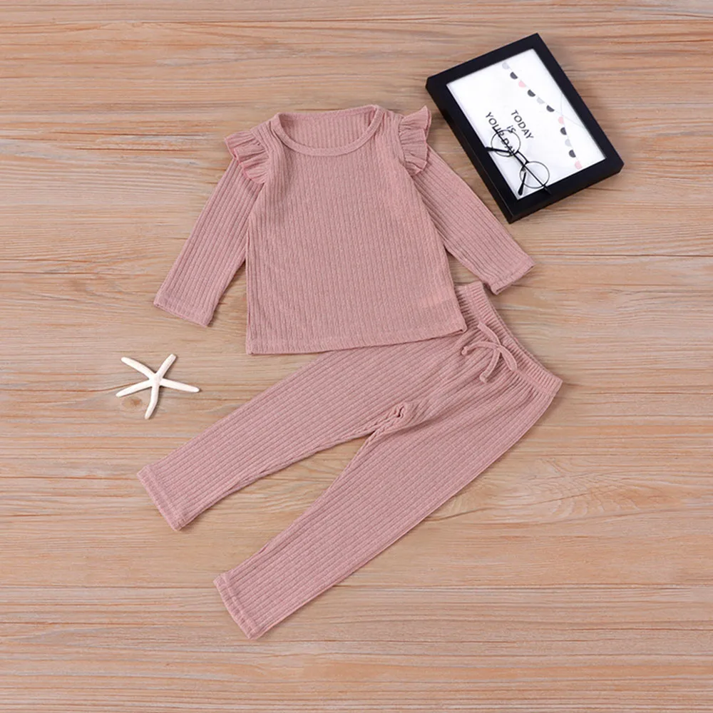 

Мягкий детский пижамный комплект в рубчик с оборками, хлопковая одежда для маленьких девочек, комплект для сна с длинным рукавом, Детский бо...