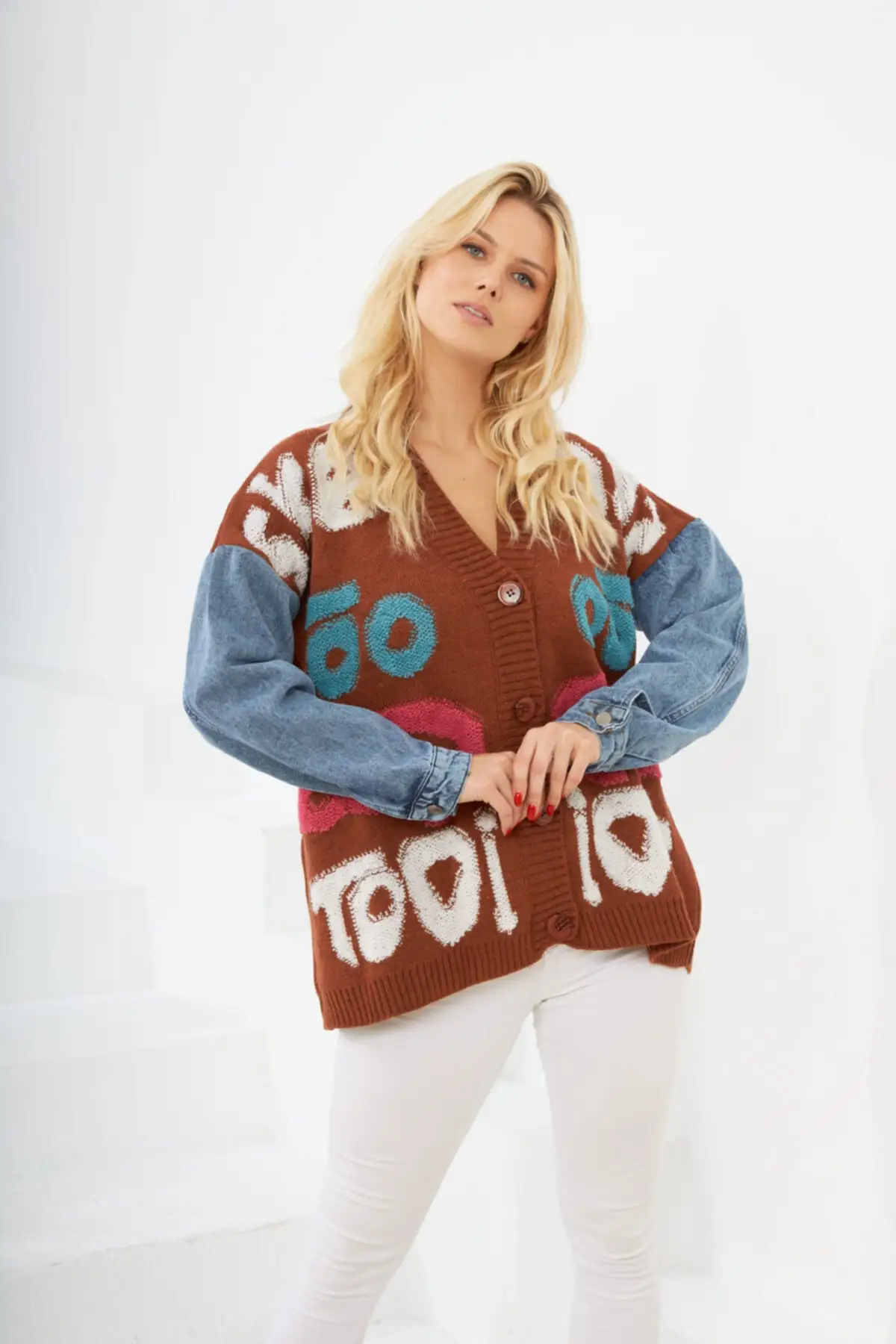 

Women's Cardigan Oversize Brown Sleeves Denim Detail Loose Casual Knitted Quality Fashion Sweaters Loose Jumper