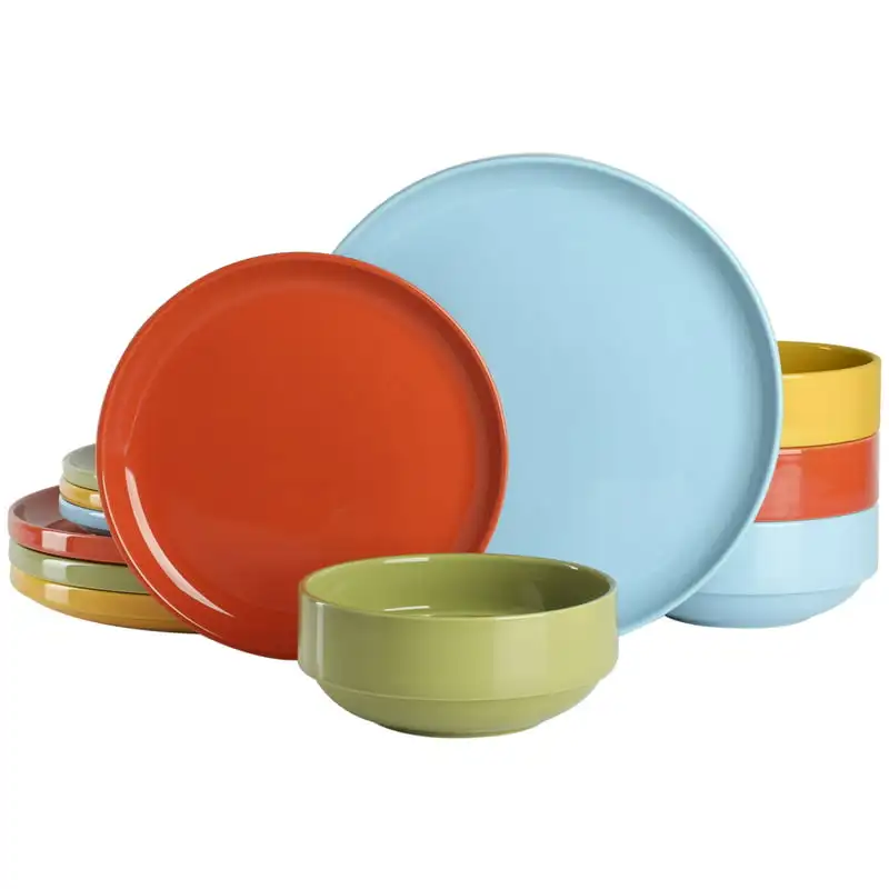 

Marfa Sunset 12-Piece Assorted Color Stackable Stoneware Dinnerware Set by Miranda Lambert White plates Wooden utensils Portable