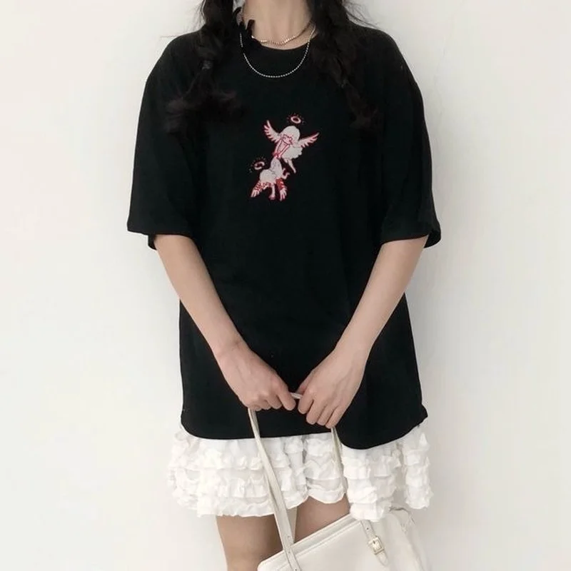 

MINGLIUSILI Angel Print T Shirts Women Summer Korean Fashion Short Sleeve Tee Shirt Femme Oversize Casual Black Kawaii Tops