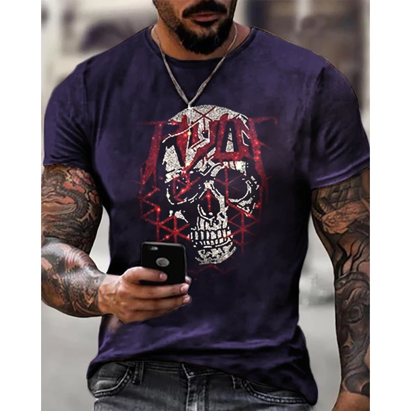 

High Quality Fashion Men's Clothing Oversized Tee y2k Skull Rhinestone Designer Short Sleeve Tops Holyday Casual Street T-shirts