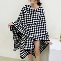 2022 black lady two side wear knitted plaid cardigans thick poncho houndstooth autumn winter shawl casual wrap open stitch cloak