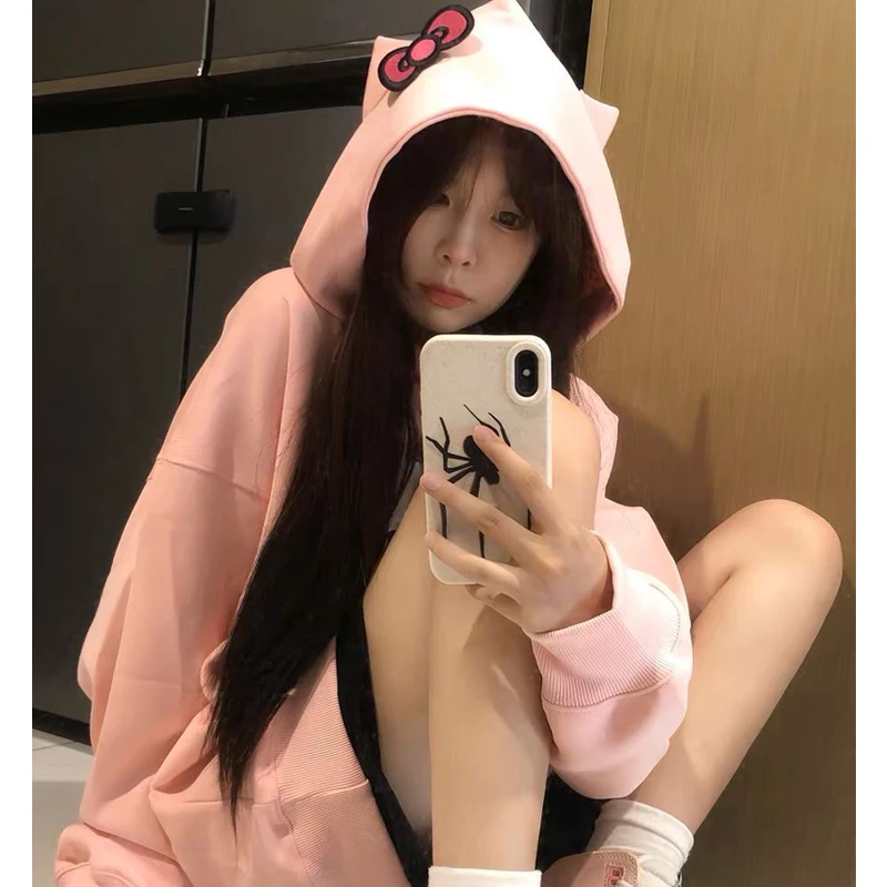 

Sanrio Anime Kawaii Hello Kitty Cardigan Zipper Hoodie Women's Spring and Autumn Thin Section Loose Oversize Lazy Wind Jacket