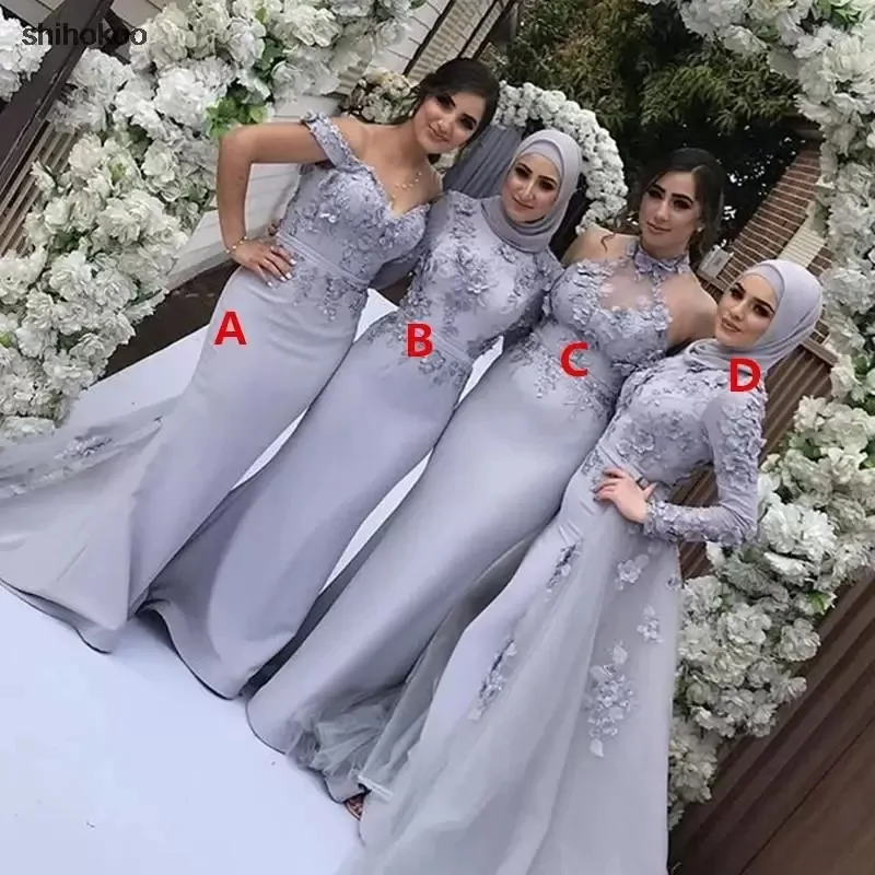 

Modest Arabic Dubai Long Sleeve Bridesmaid Dresses Mermaid High Neck Appliques Long Wedding Guest Maid of Honor Gowns 2023