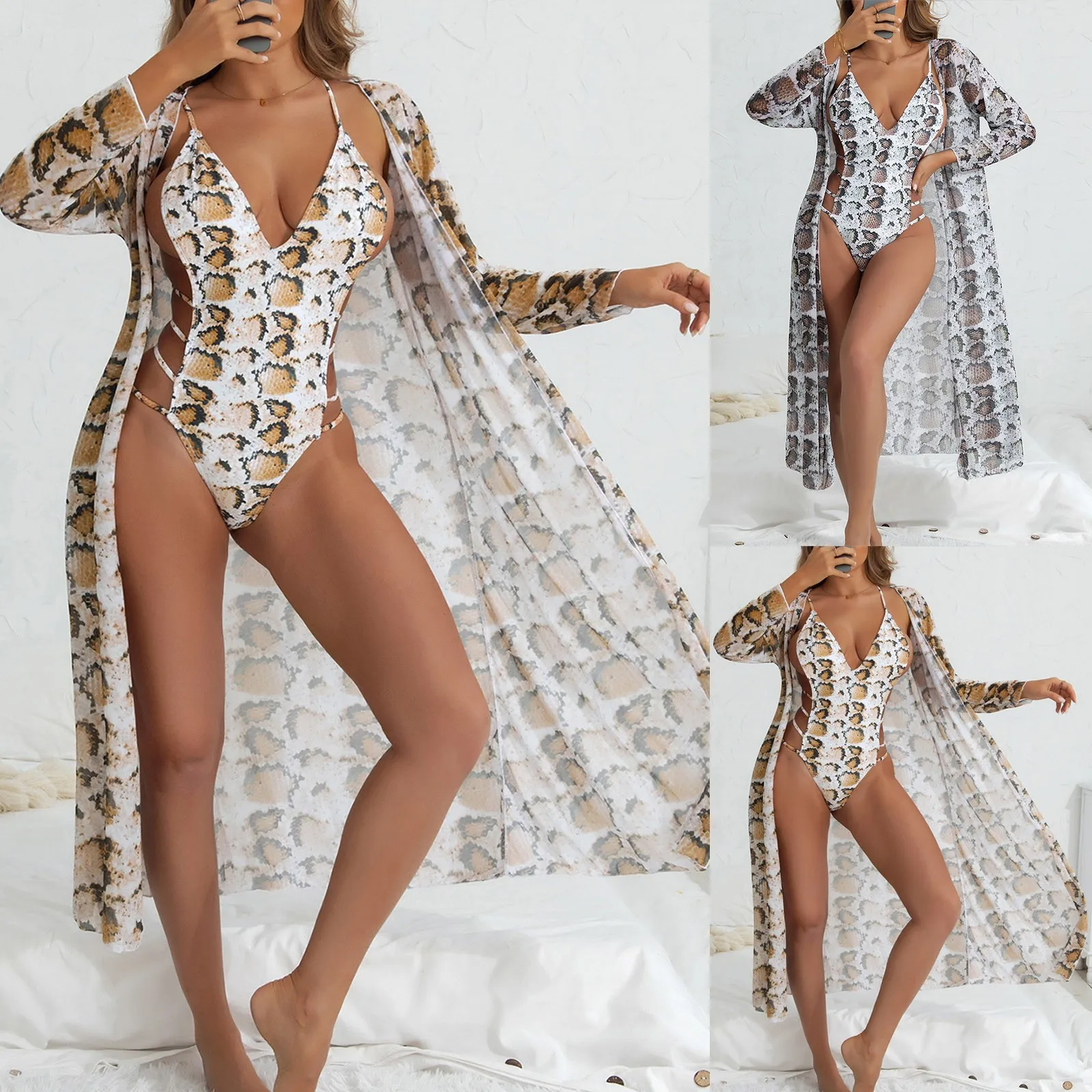 

Женский купальный костюм с леопардовым принтом, треугольный купальный костюм с лямкой на шее и накидкой, купальники из 2 предметов, женские ...