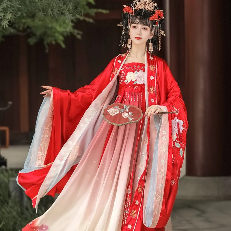 Hanfu женская красная рубашка с большими рукавами и вышивкой Чеховская юбка в