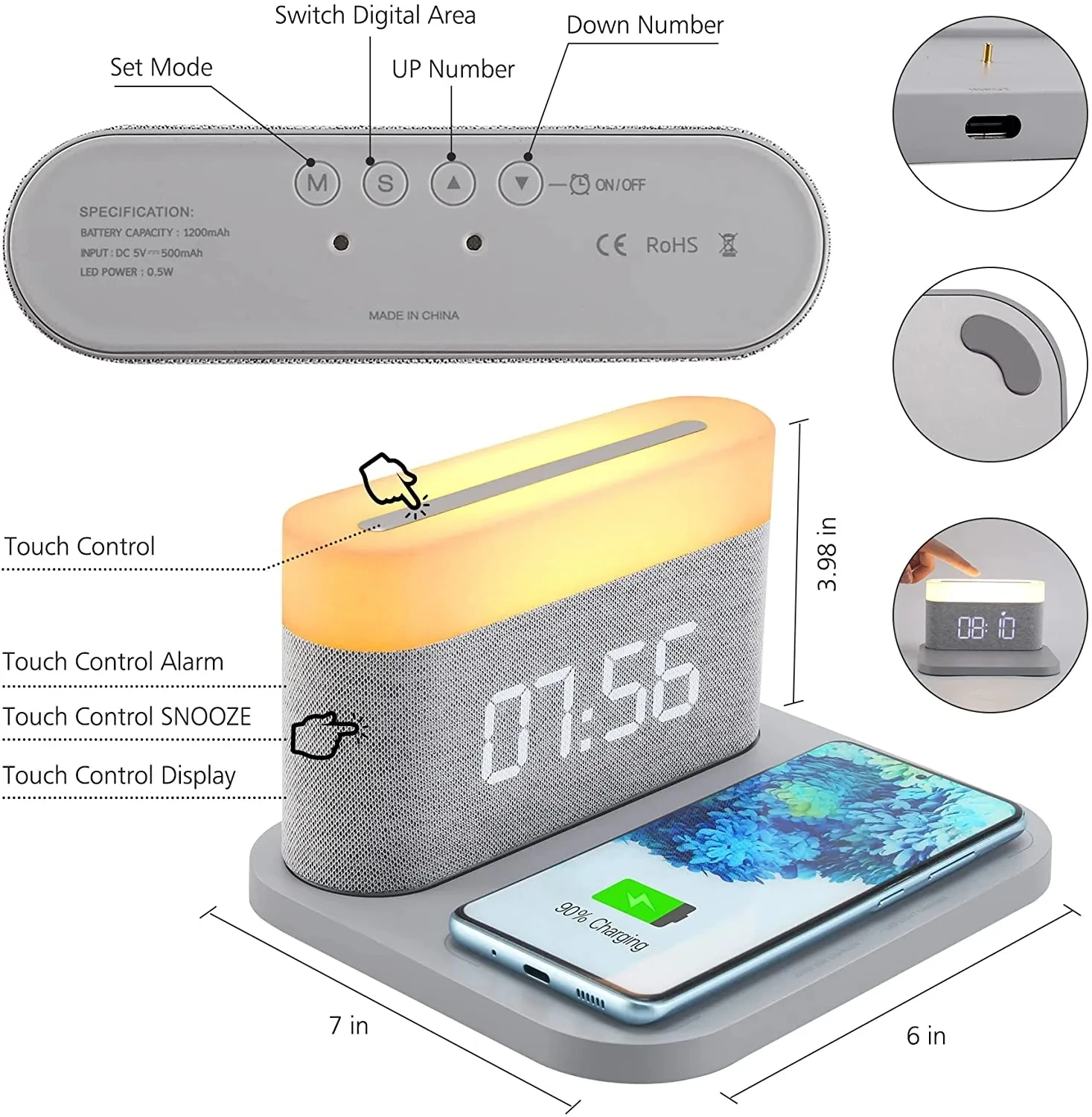 

15W Fast Wireless Charging Touch Digital Alarm Clock Night Light Bedside Reading Lamp Adjustable Brightness Snooze USB Charger