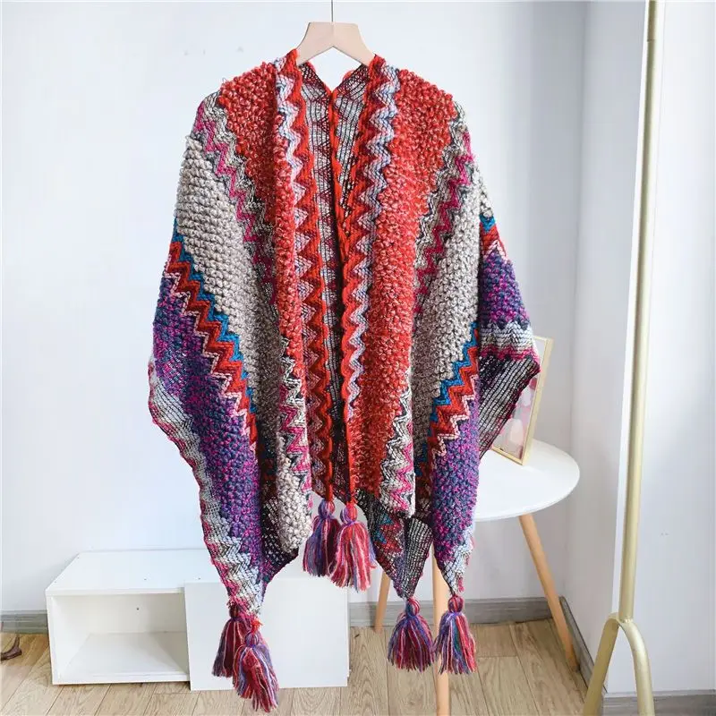 Women'sKnit Tassel Fringed Pullover Poncho Sweater Shawl Wrap Tassels Cloak  Top Stripe Cape Cardigan Coat Stoles - купить по выгодной цене | AliExpress