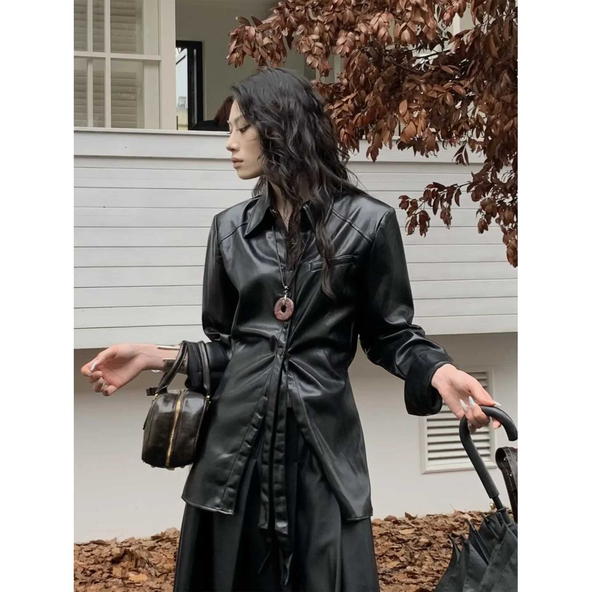 2024 New Vintage Motorcycle Style Lapel Jacket Medium Length Leather Belt Slim Fit Smooths Your Silhouette Coat