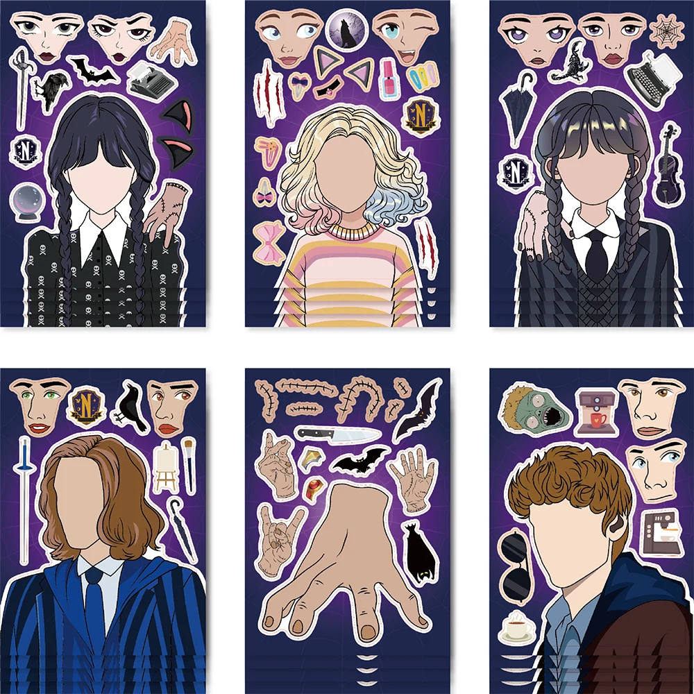 

8/16sheets DIY Wednesday Addams Puzzle Stickers Horror TV Series Cartoon Decal Laptop Skateboard Notebook Sticker for Kids Toys