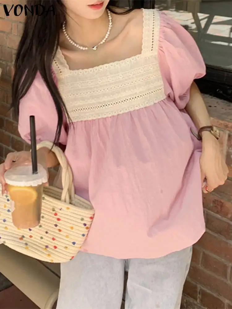 

Модные рубашки VONDA, женские повседневные блузки с квадратным вырезом, летние топы с оборками 2023, кружевная Лоскутная Туника с коротким рукавом-фонариком, мешковатая