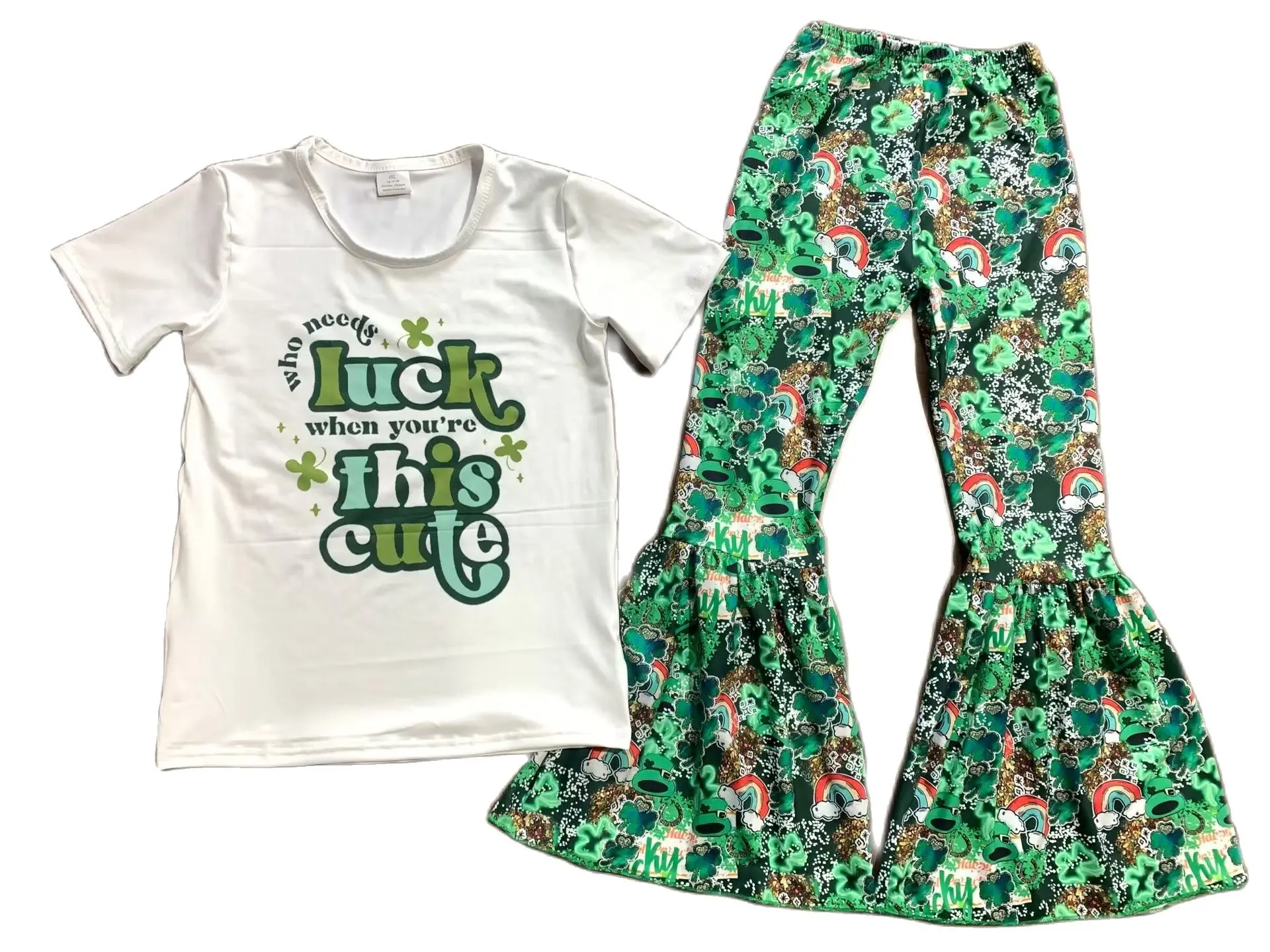 

Бутик летняя детская одежда для девочек Солнечный Зеленый растительный принт топ с коротким рукавом брюки клеш костюм