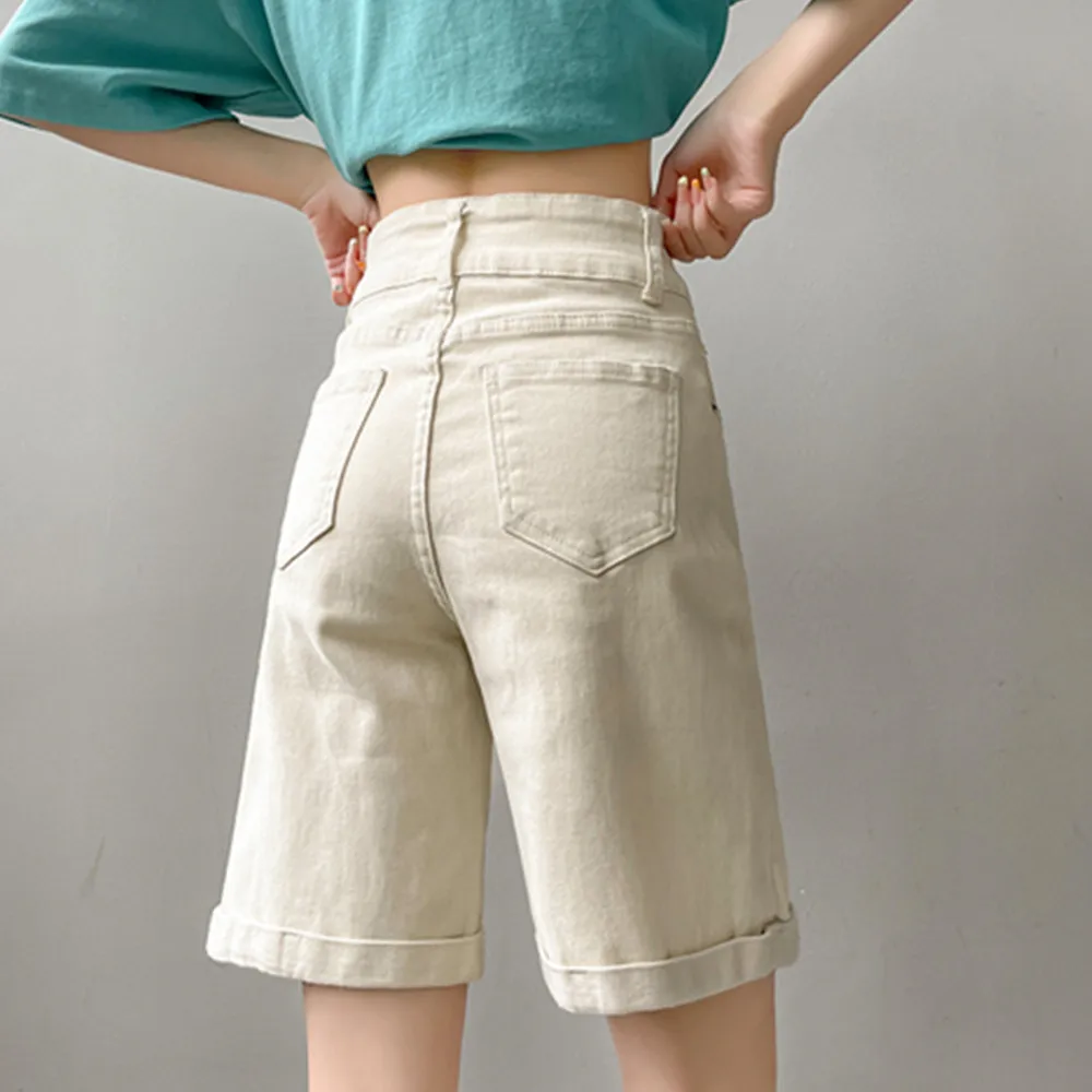 Denim Khaki Knee Length Shorts Women Loose High Waist Biker Short Jeans Ladies 2023 Summer Streetwear Black Shorts