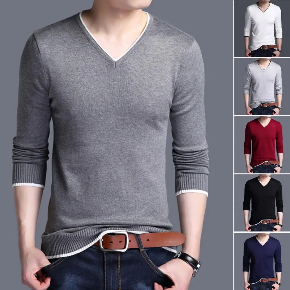 

Autumn Slim Sweaters Men Long Sleeve Sweaters for Young Men V-collar Pure Long Sleeve Knitted Sweater Men Clothing