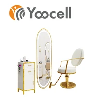 yoocell cream beige color with golden stainless steel styling chair salon mirror with led light golden trolley salon package