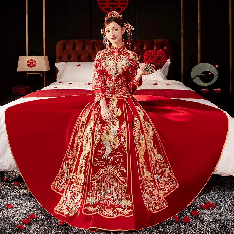 

Традиционное китайское свадебное платье, длинное платье с вышивкой дракона, Феникса, Ципао, Стильное элегантное винтажное платье невесты