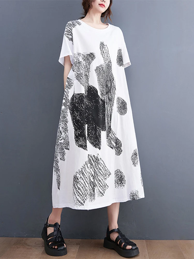 

2022 Summer New Short Sleeve White Print Dresses For Women Loose Casual Midi Vintage Dress Vestidos Fashion Elegant Clothing